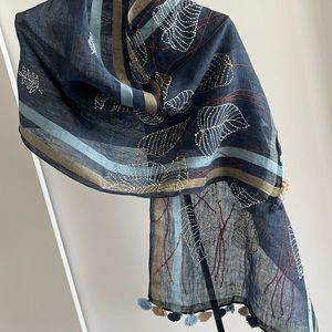 Handcrafted Artisan Scarf - Blue and Gold with hand embroidery leaves